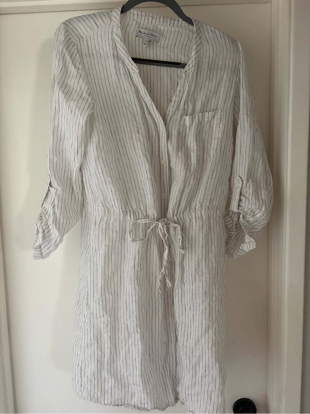 Michael Stars Linen Dress Button Tie Waist White Black Stripes Old Money